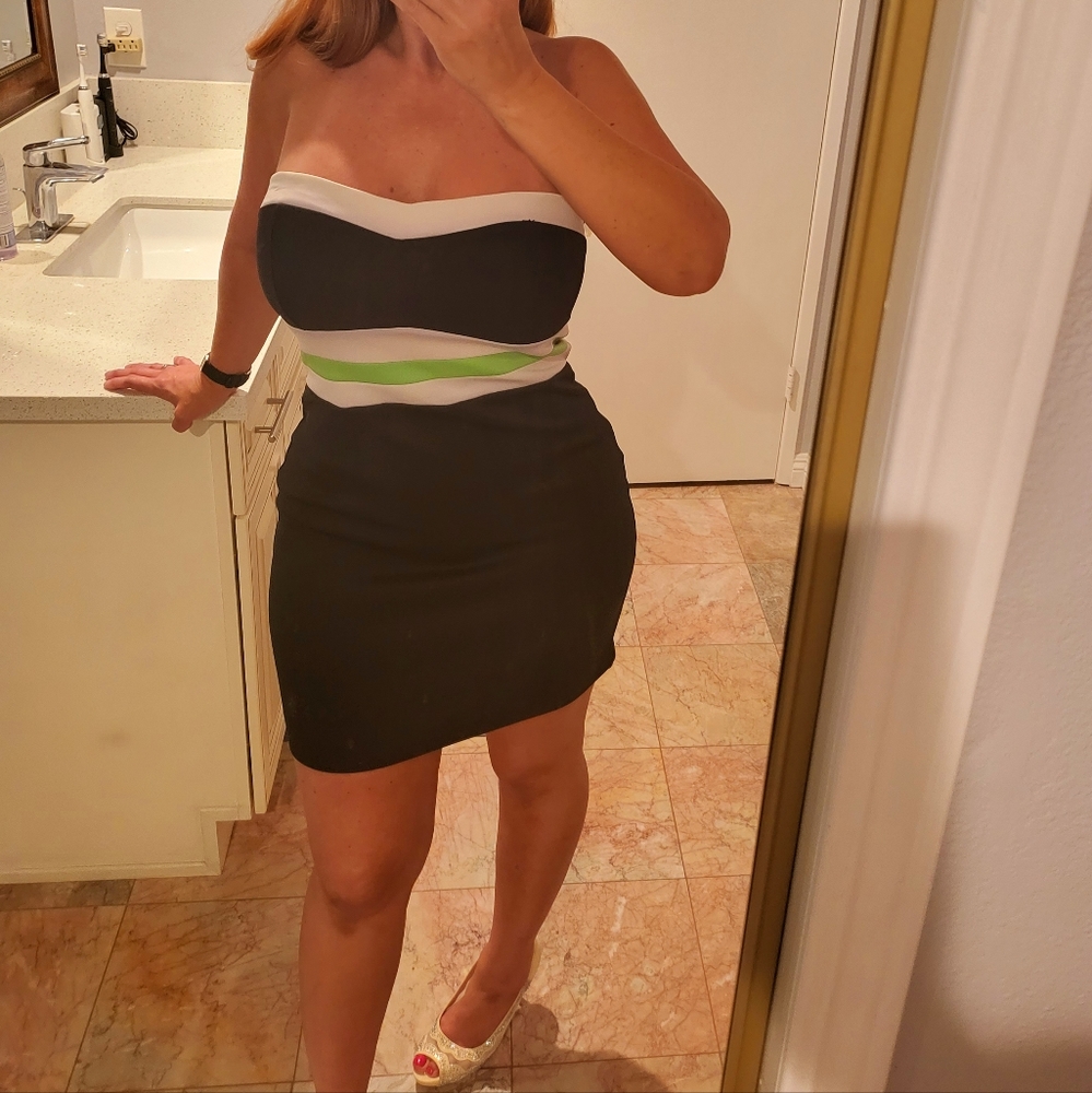 Womens XL Strapless Dress black white green fitted Midi dress